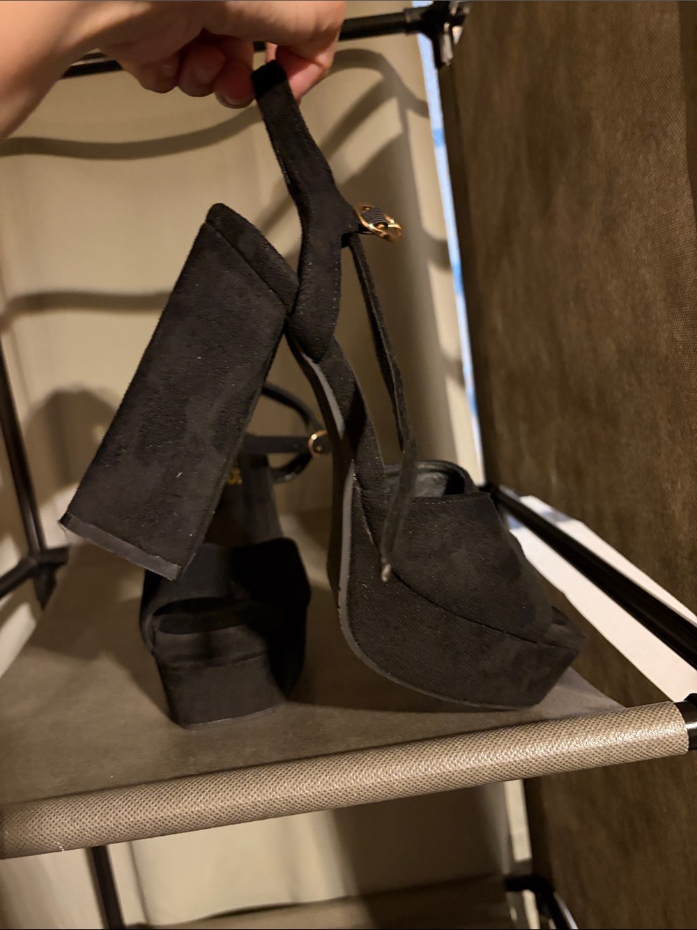 Suede Black Platform Block Heel Sandals with Ankle Strap - Picture 10 of 11